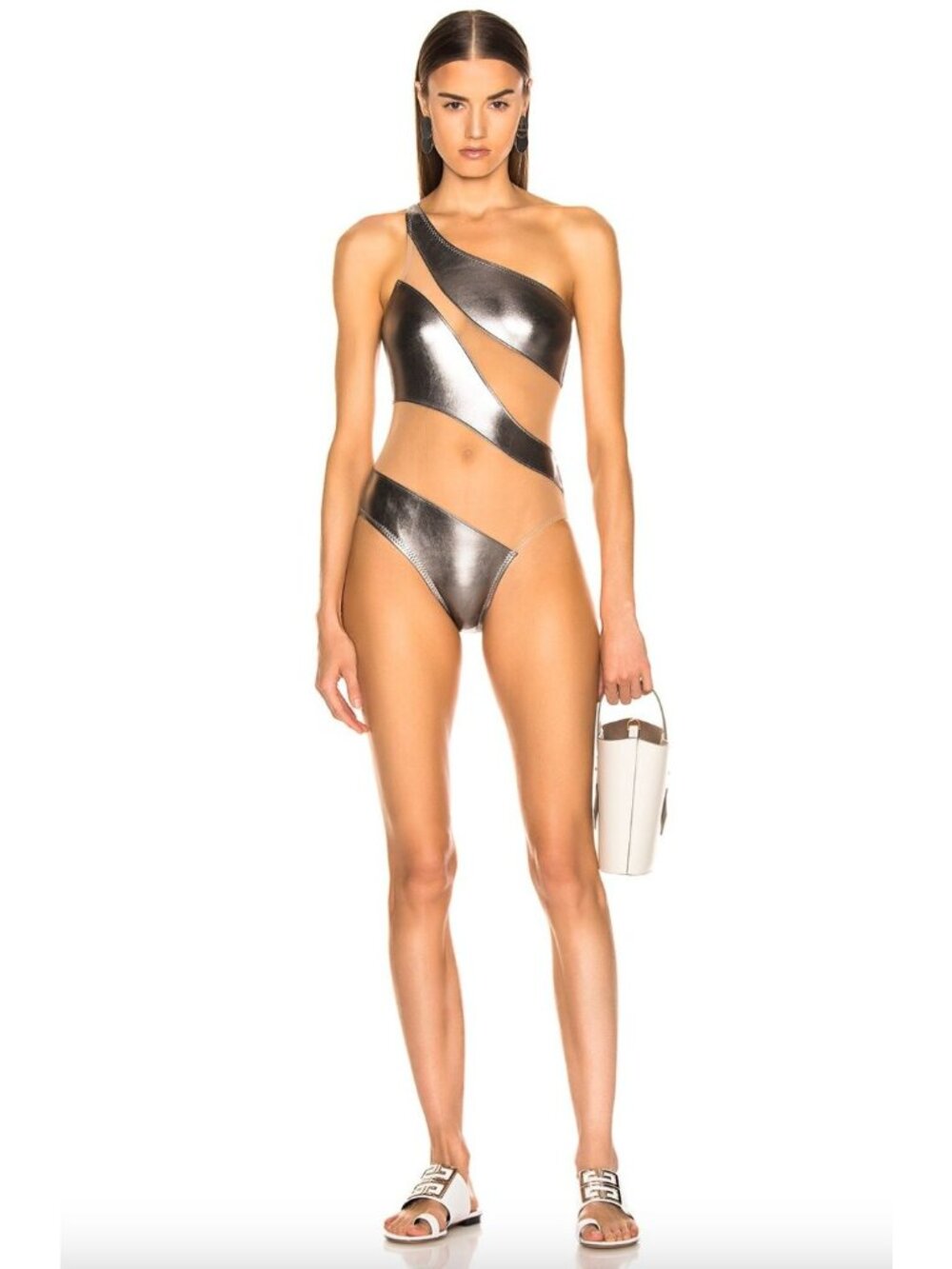 Norma Kamali Snake Mesh Mio One Piece Swimsuit Gunmetal Nude Womens Size Small